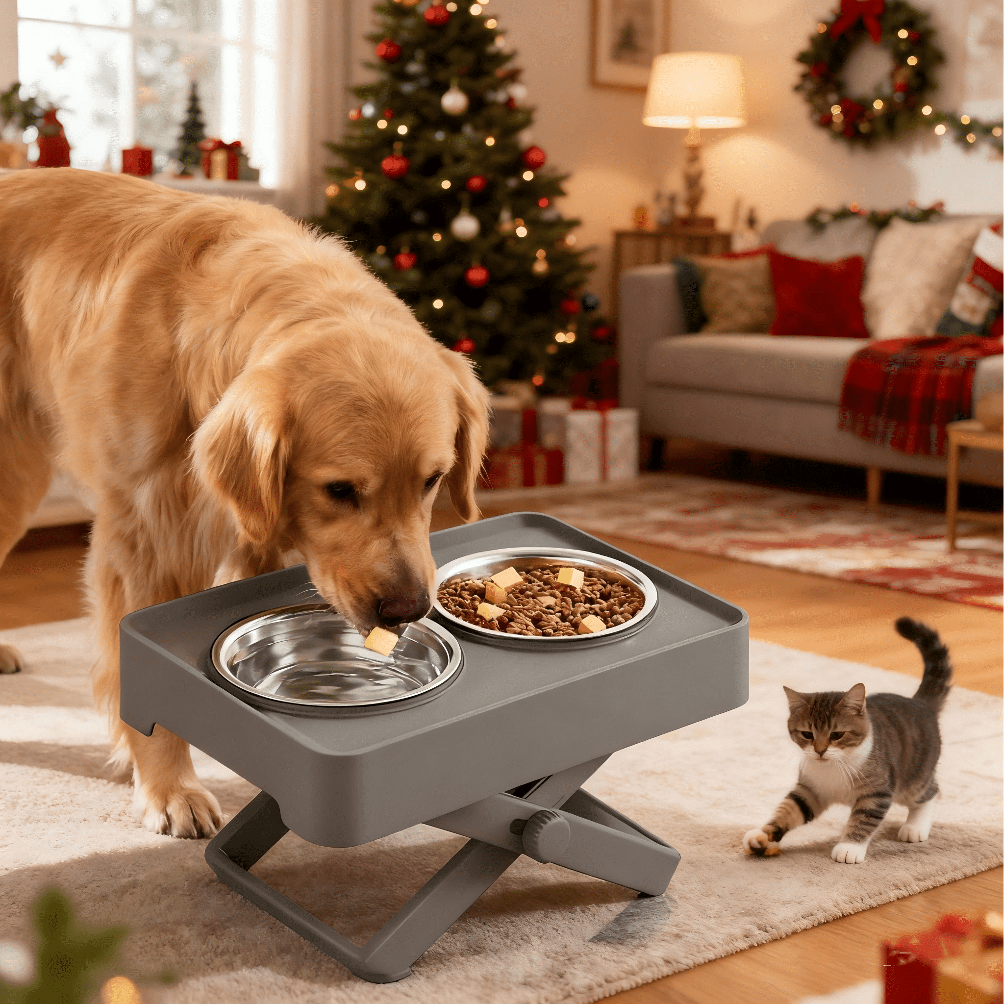 Adjustable Elevated Dog Feeding Station (7-25cm Height), Food-Grade Stainless Steel Bowls, Tip/Spill-Proof, Black/Gray, 1 Set