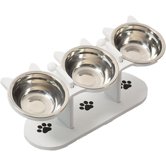 Adjustable Elevated Pet Feeder with 3 Stainless Steel Bowls, 15° Tilted Raised Cat & Dog Feeding Station, Non-Slip Wooden Stand with Storage Shelf for Food and Water (C)