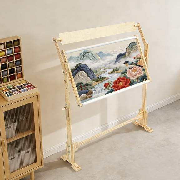 Adjustable Embroidery Frame Stand Large Pine Wood Needlework Rack with Drawing Board for Sewing Cross Stitch and Crafting 29.5x15.7in