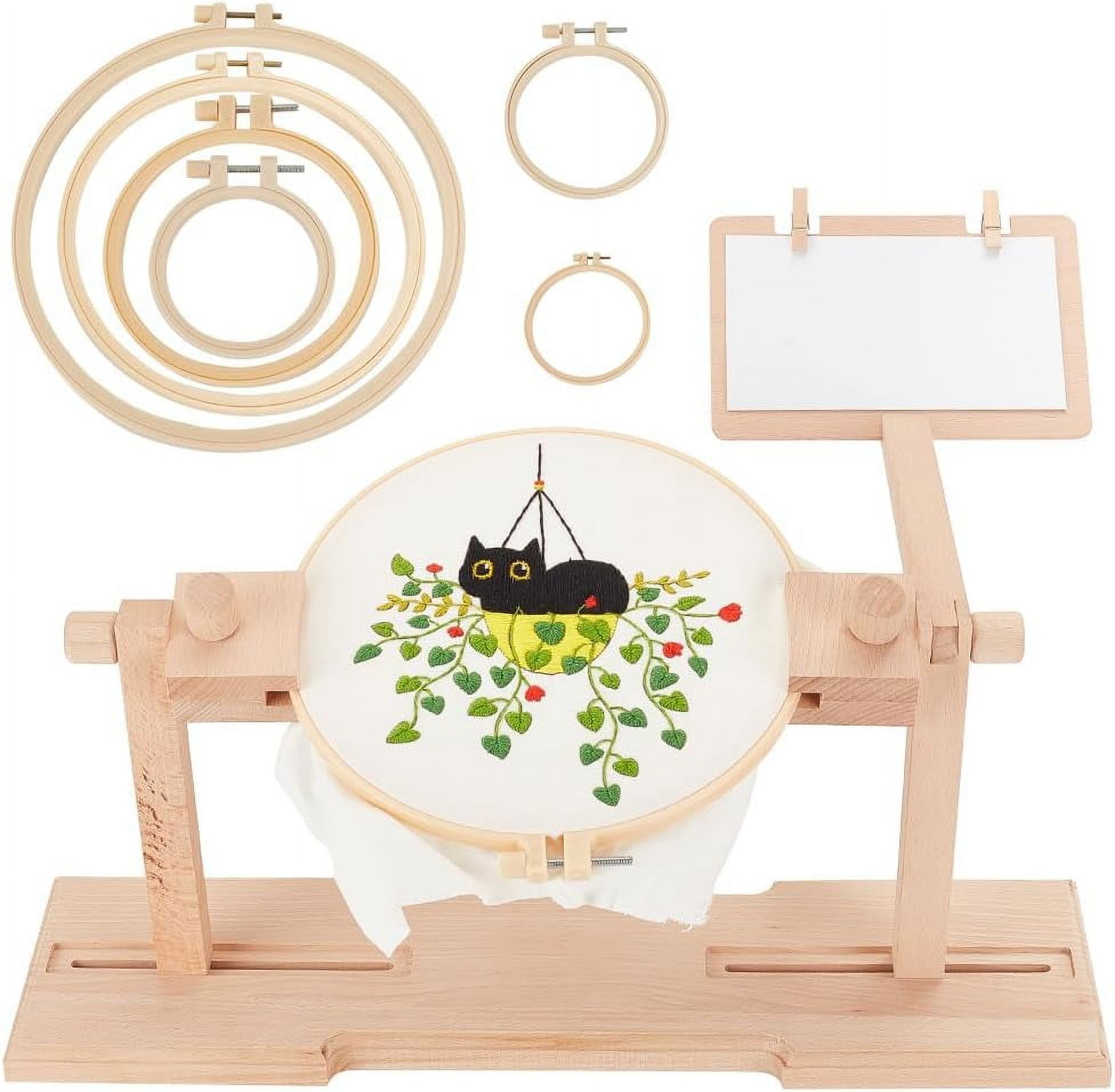 Adjustable Embroidery Hoop Holder with 6 Sizes Stitch Embroidery Hoops 360 Degrees Rotated Stitch Stand Wooden Embroidery Hoop Holder for Stitch and Embroidery Project