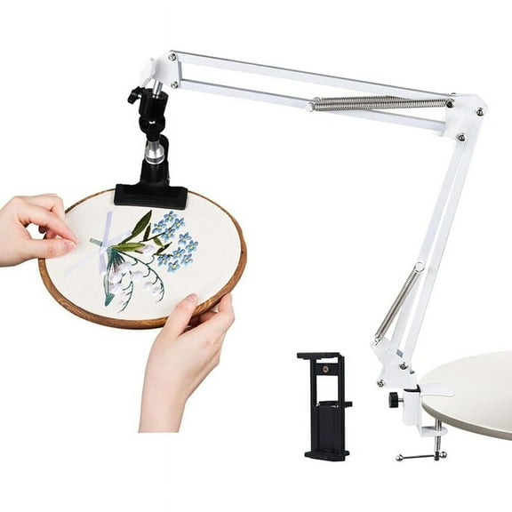 Adjustable Embroidery Hoop Holder for Handwork, 360° Rotatable, 3-In-1 Hoop/Tablet/Phone Holder Desktop Stand White
