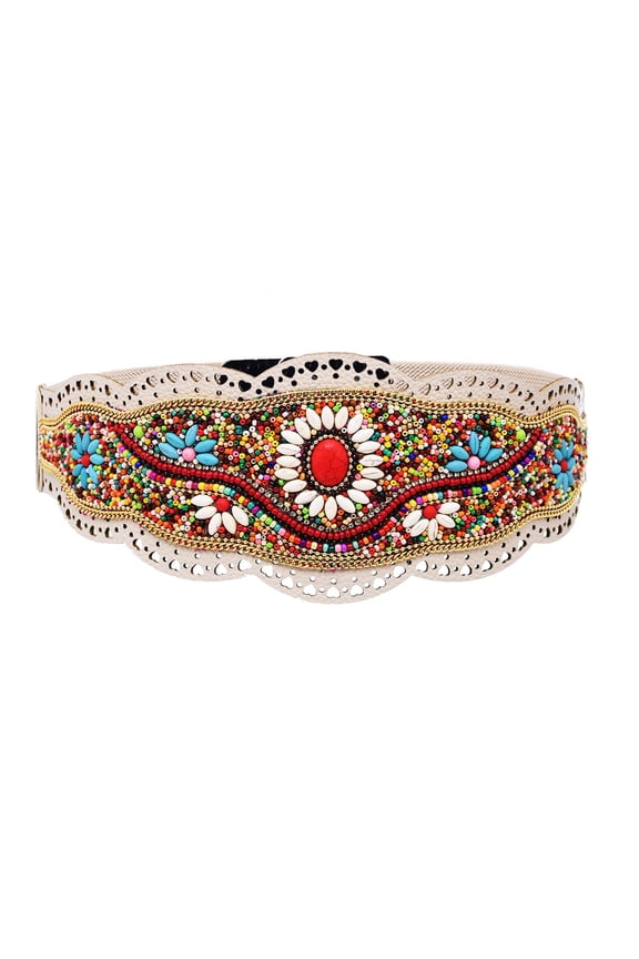 Adjustable Ethnic Waistband Decorative Cummerbund Belt with Floral Design, Stretchy Wide Cinching for Dresses