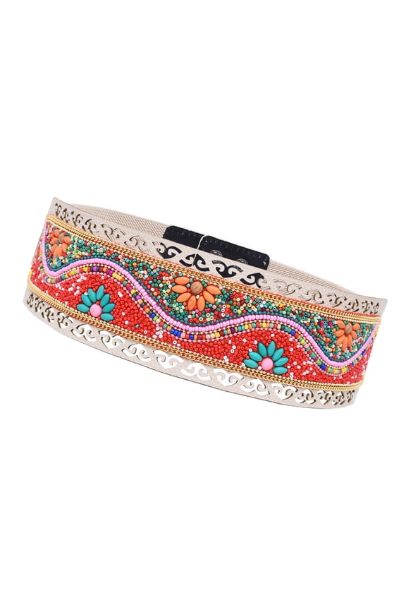Adjustable Ethnic Waistband Decorative Cummerbund Belt with Floral Design, Stretchy Wide Cinching for Dresses