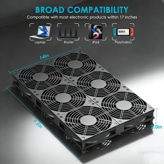 Adjustable Exhaust Fan with AC Plug for 12"-17" PC Notebook Gaming Laptop Server Rack, Greenhouse, Basement, Window Cooling or RT-AC5300 Router Ventilation