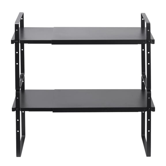Adjustable Expandable 2 Tier Cabinet Shelf, Stackable Countertop Storage Riser for Kitchen Pantry Bathroom Office, Black