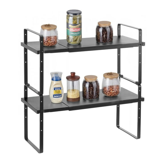Adjustable Expandable Double Layer Kitchen Cabinet Shelves Stackable Countertop Storage Racks Lifters for Kitchen Bathroom Office Pantry Black