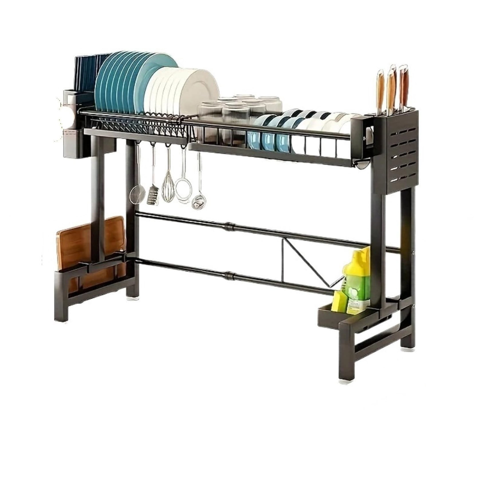 Adjustable Expandable Metal Sink Organizer with Drip Tray & Utensil Holder, Kitchen Counter Dish Rack Storage for Sink, Black