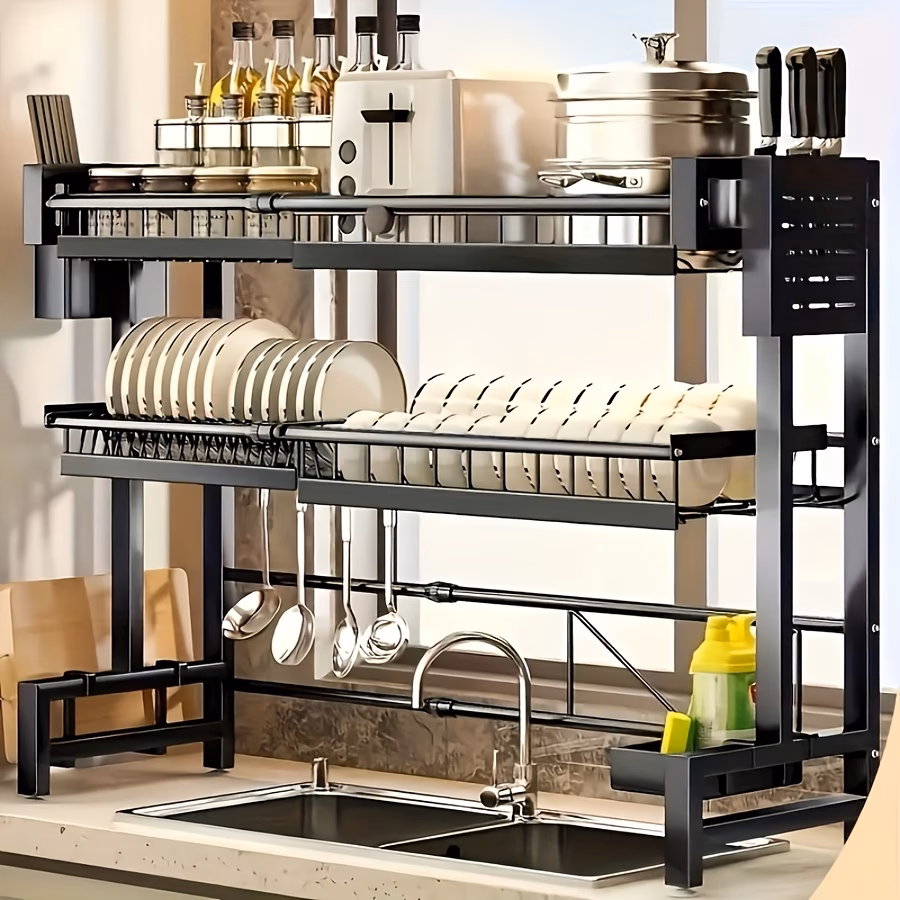 Adjustable Expandable Metal Sink Storage Rack - Space-Saving Countertop Organizer for Cutlery, Cups & Cooking Tools, Black