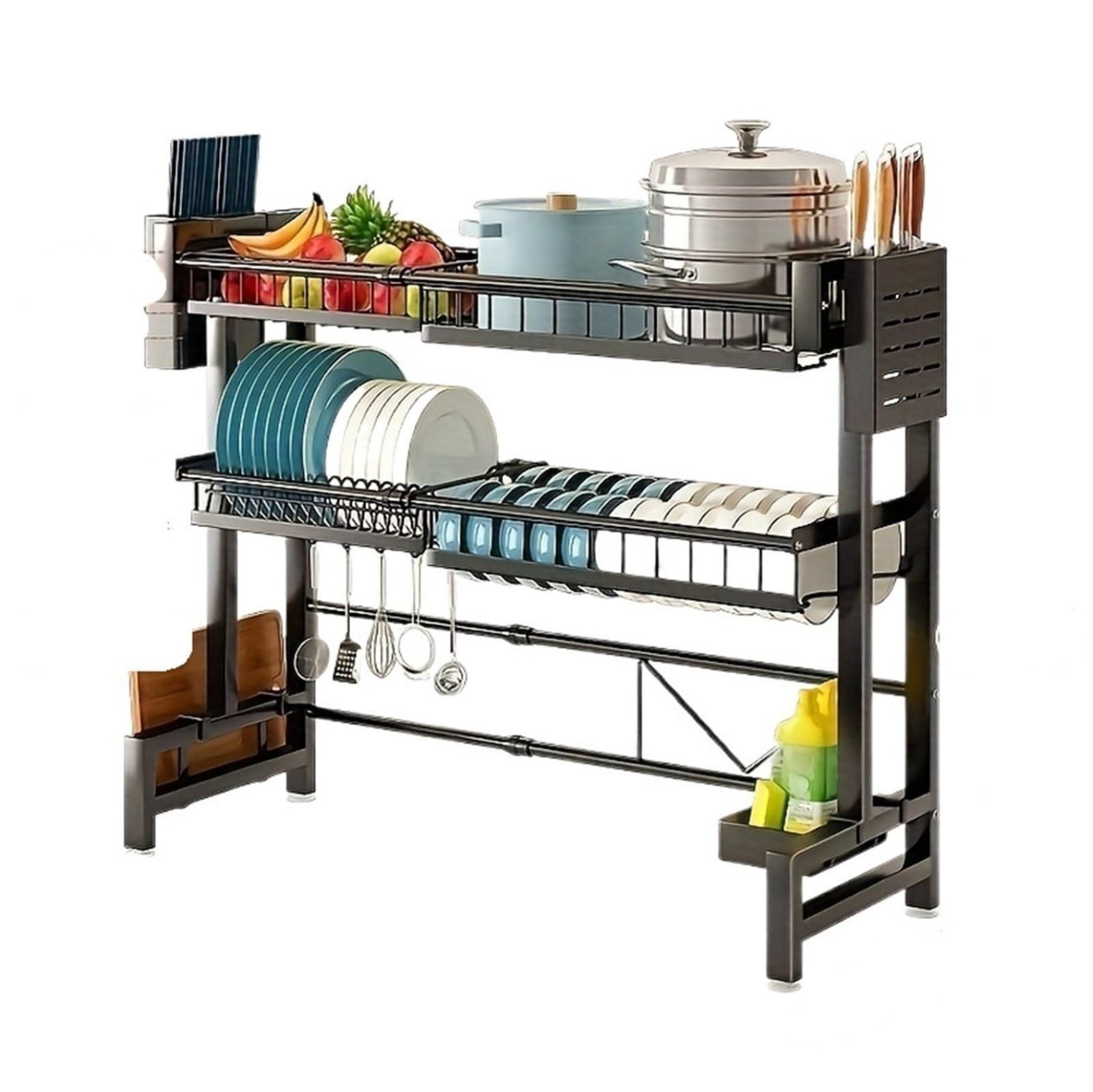 Adjustable Expandable Sink Organizer, Double Layer Metal Dish Rack with Drip Tray & Utensil Holder, Kitchen Counter Storage Rack, Black