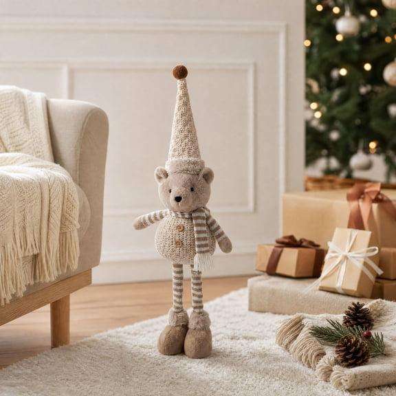 Adjustable Extendable Standing Christmas Bear Figurine, Knit Stretch Leg Xmas Plush Decor with Striped Scarf, Beige, 20.5-26.4 In