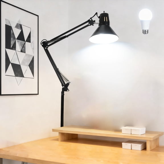 Adjustable Extra Tall Desk Lamp With Clamp, Eye Caring LED Clamp On Light for Home Office, Architect Task Table Lamps for Study Workbench, 5000k, Black