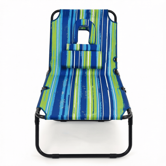 Adjustable Face Down Sunbathing Chaise Lounge Chair with Removable Pillows, Folding Patio Beach Chair with Carry Strap, Blue Green Stripe