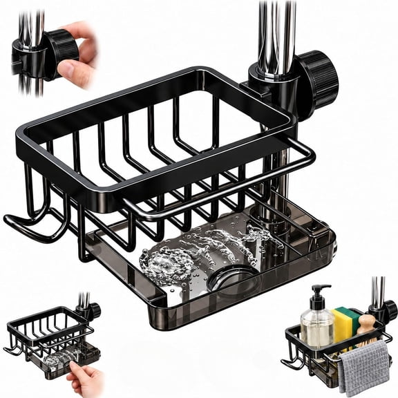 Adjustable Faucet Storage & Drain Rack, Over Faucet Sink Hang Holder with Drip Tray