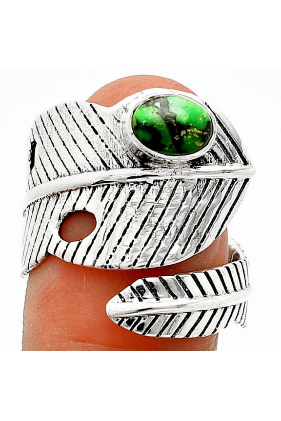 Adjustable Feather - Green Matrix Turquoise 925 Silver Ring s.9 Jewelry R-1473 SDR237041