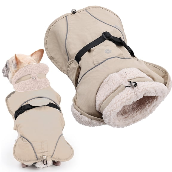 Adjustable Fleece Lined Dog Winter Coat With Harness Slot Windproof Reflective Pet Vest Cold Weather Apparel For Small Medium Large Dogs,Dog Winter Vest,Pet Coat,L,Beige