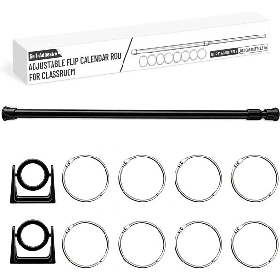 Adjustable Flip Calendar Holder Set 16-28 Inches, Self Adhesive Classroom Flip Calendar Chart Rod Calendar Date Cards Holder with 8 Loose Leaf Rings for Classroom Whiteboard (Black)