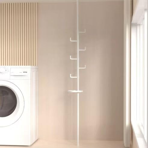 Adjustable Floor to Ceiling Tension Rod with Tray-DIY Laundry Drying Rack, Clothes Organizer, Coat Hanger, and Storage Solution for Indoor Use (White, 86.6"100.4")