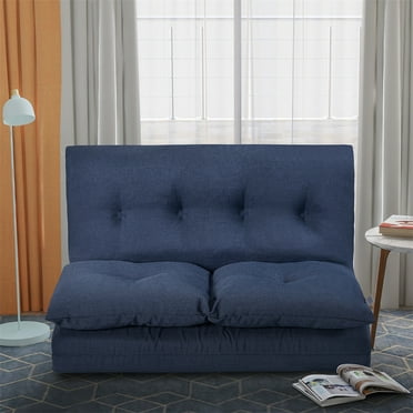 Adjustable Floor Sofa Bed with Back Support, Folding Futon Couch Leisure Lazy Sofa with 5 Reclining Position and 2 Thick Cushions, Multi-Functional Linen Upholstered Floor Gaming Sofa Couch, Navy Blue