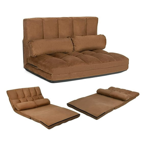 Adjustable Floor Sofa Bed, Foldable Lazy Sofa Bed with 6 Position Backrest & 2 Pillows, Convertible Futon Couch Bed with Suede Cloth Cover, Lounge Recliner for Living Room (Coffee)