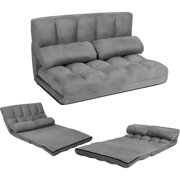 Adjustable Floor Sofa Bed, Foldable Lazy Sofa Sleeper with 6 Position Backrest & 2 Pillows, Convertible Futon Couch with Suede Cloth Cover, Lounge Recliner for Living Room