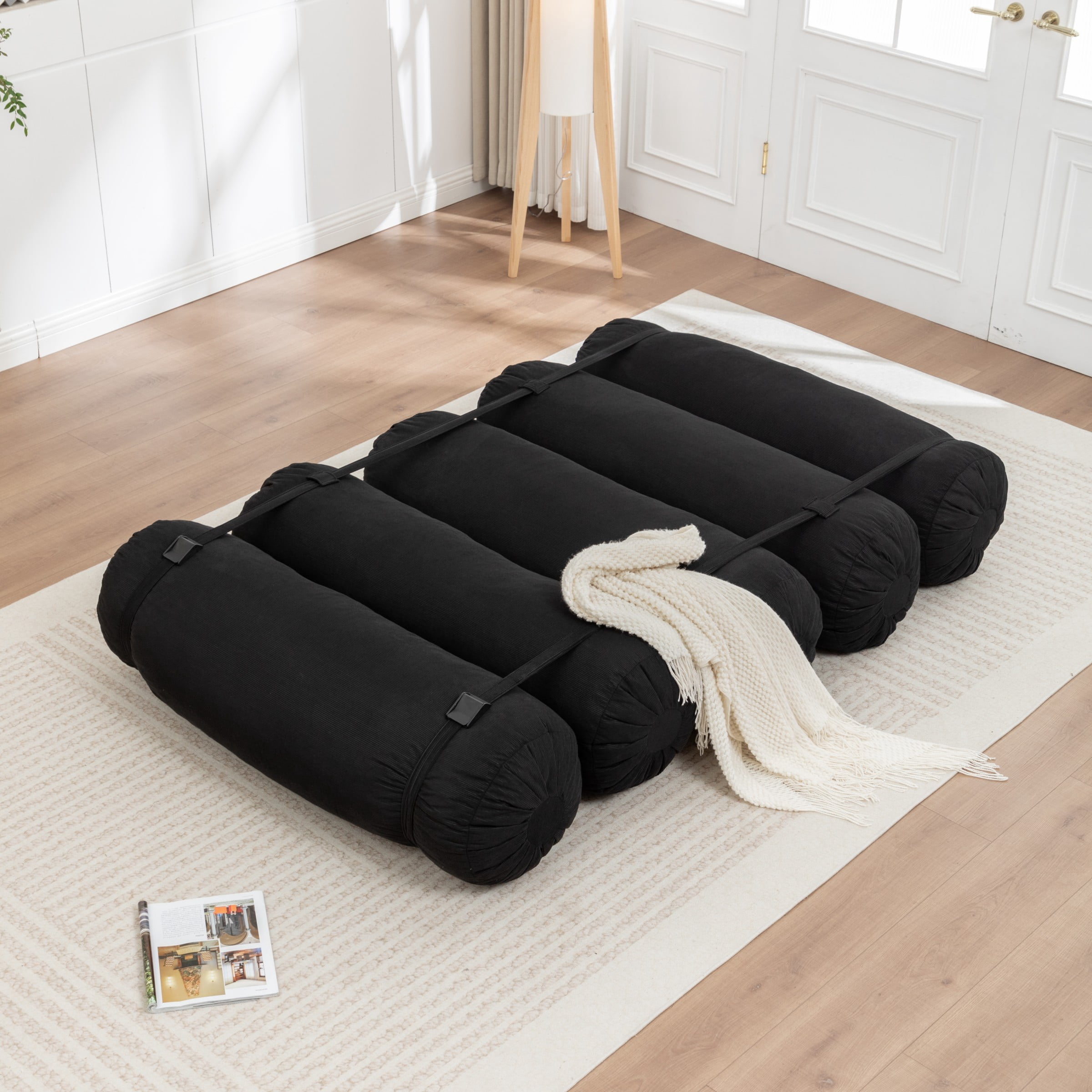 Adjustable Floor Sofa, Corduroy Lazy Sofa Chair with Adjustable Straps, Modular Floor Couch for Living Room Bedroom Dorm, Black