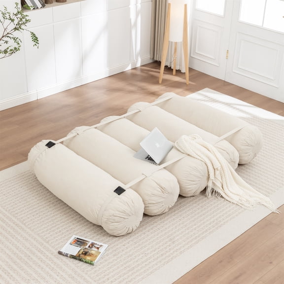 Beige Corduroy Adjustable Floor Sofa with 5 Pillows, 75.8 in Long, Versatile Configurations