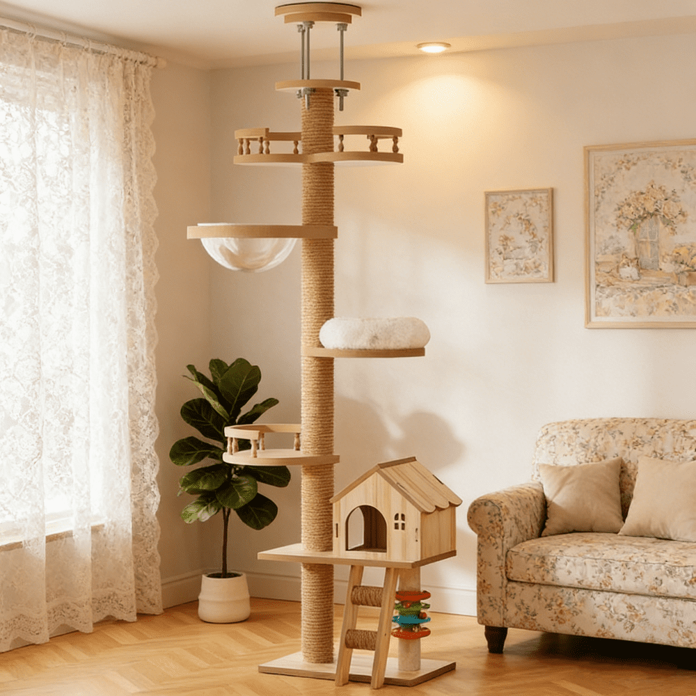 Adjustable Floor-to-Ceiling Cat Tree 98–110 Inch, Wood Cat Tower with Scratching Post, Condo & Hammock