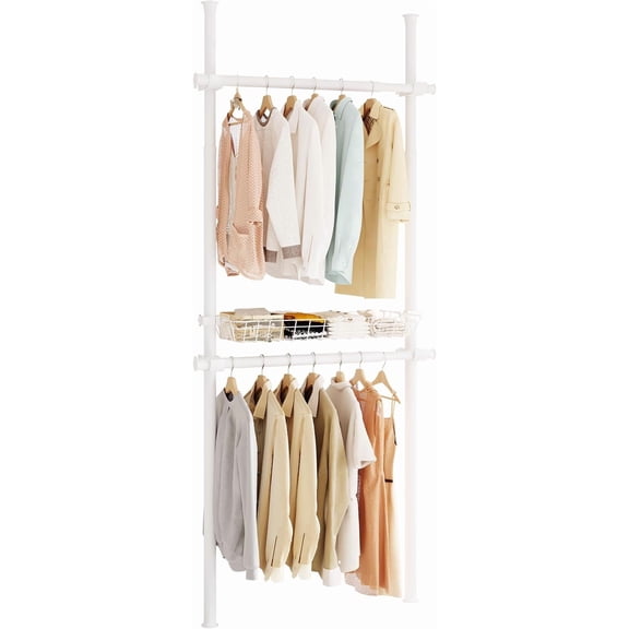 Adjustable Floor-to-Ceiling Clothing Rack with Double Hanging Rods and Wire Storage Basket, White, 2-Pole Plus