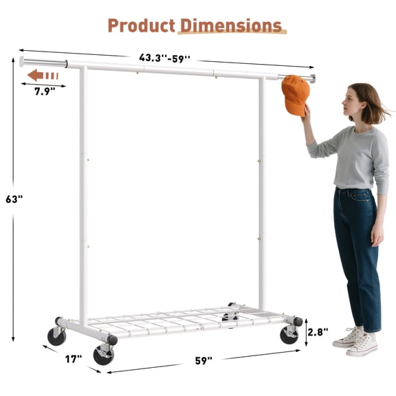 Adjustable Floor-to-Ceiling Metal Clothing Rack with Wheels, Portable Garment Hanger for Bedroom Storage
