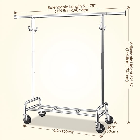 Adjustable Floor-to-Ceiling Metal Clothing Rack with Wheels, Portable Garment Hanger for Bedroom Storage