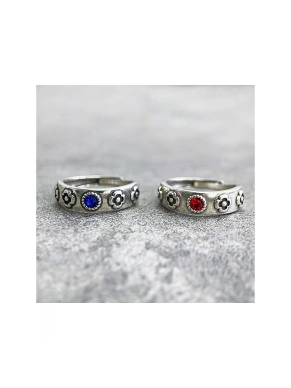 Adjustable Floral Ring With Blue Stone Silvertone Metal Womens Fashion Ring