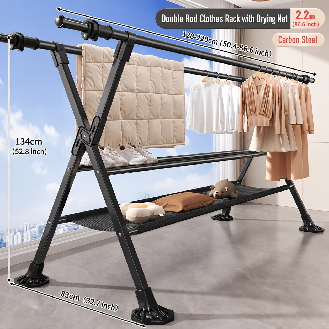 Adjustable Foldable Double Rod Clothes Drying Rack, Carbon Steel ...