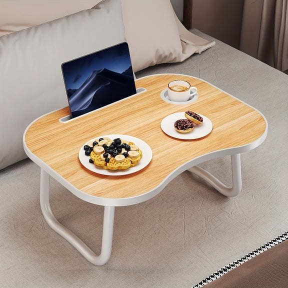 Adjustable Foldable Laptop Desk with Cup Holder and Tablet Slot. Sturdy A - frame, lightweight. Great for work, study at home, bedside, or travel. Fits laptops, tablets.