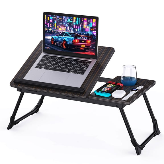 Adjustable Foldable Laptop Desk,Portable Lap Desk with Cup Holder and Phone Stand, Split Design Bed Table Tray for Working, Reading, Eating, Gaming on Bed Sofa Floor Black