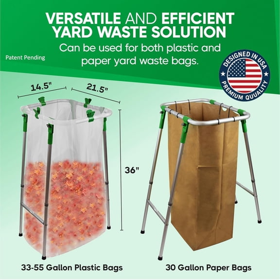 Adjustable & Foldable Leaf Bag Holder for 33-55 Gallon Bags, Heavy Duty Yard Waste Stand with Slope Stability