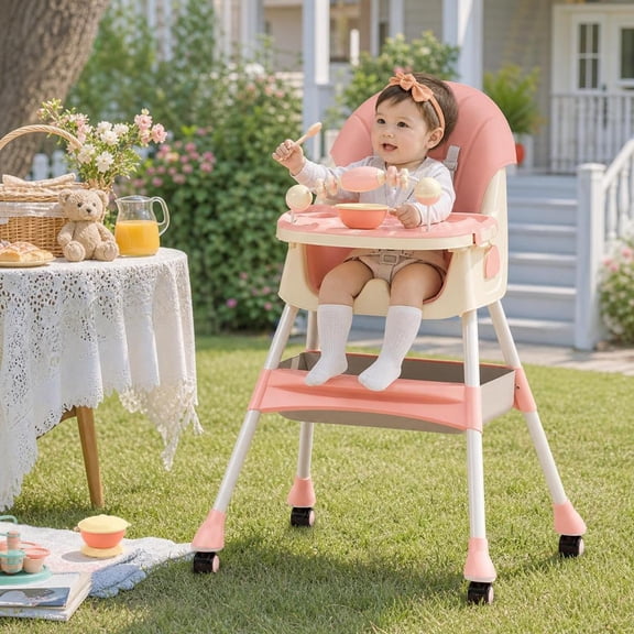 Canming Foldable Multifunctional Pink Baby High Chair with Adjustable Tray and Safety Harness, Portable Kids Seat with Wheels