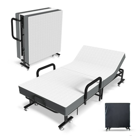 Adjustable Folding Bed with Mattress, 8 Smooth-Rolling Wheels & 2 Armrests, Portable, Foldable Guest Bed for Adults, 75" x 38"