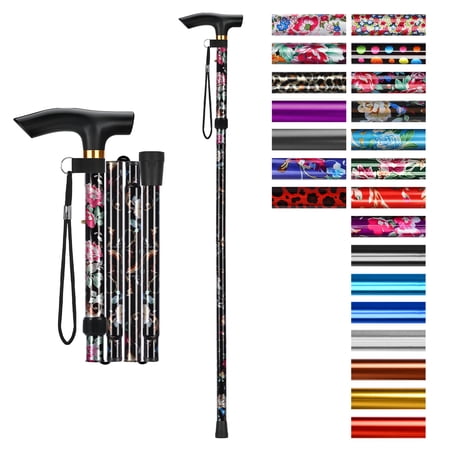 SupreGear Folding Walking Cane with T-Handle, Lightweight Adjustable Mobility Stick, 5 Height Settings,Black floral