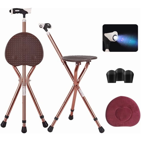 Adjustable Folding Cane with Seat Large Capacity Lightweight Crutch Chair Stool with LED Light and Retractable 3 Legs for Seniors Outdoor Travel Aids