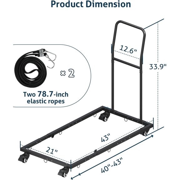 Adjustable Folding Chair Cart with Wheels & Two 78.7in Ropes, 300 LBS Capacity for 35 Chairs Heavy-Duty Folding Chair Dolly, Multi-Function Storage Cart for Party, Wedding, Meeting, Black