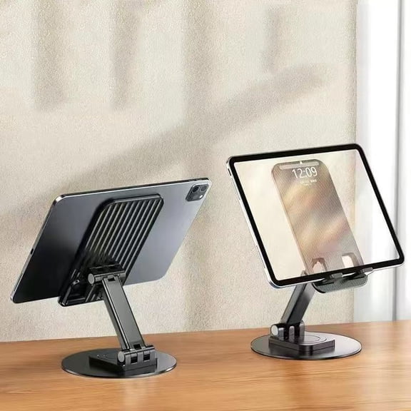 Adjustable Folding Desktop Tablet Stand with 360 Degree Rotating Base and Stable Weighted Bottom for Home Office and Live Streaming, Black