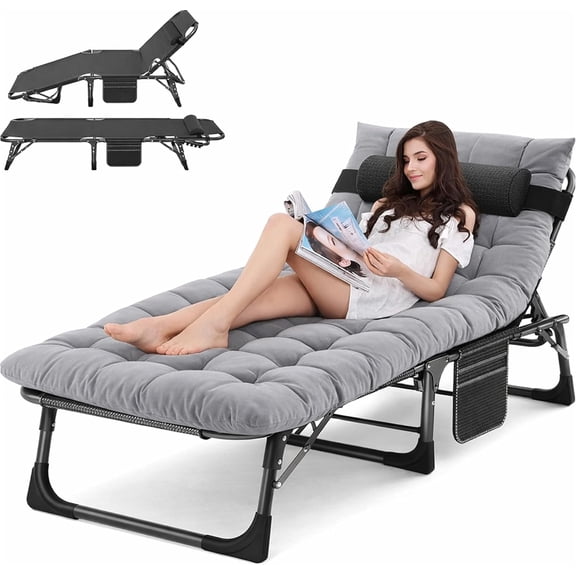 Adjustable Folding Lounge Chair with Thick Cushion and Pillow, Portable Zero Gravity Recliner Bed for Outdoor Camping Patio Indoor Nap, Multi-Position Relaxation Chaise with Side Pocket Storage