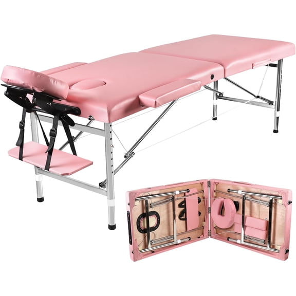 Adjustable Folding Massage Table 24 Inch Wide Portable Tattoo Bed, Lightweight Aluminum Esthetician Table for Client, Pink Massage Bed for Spa Professionals with Tool Free Setup