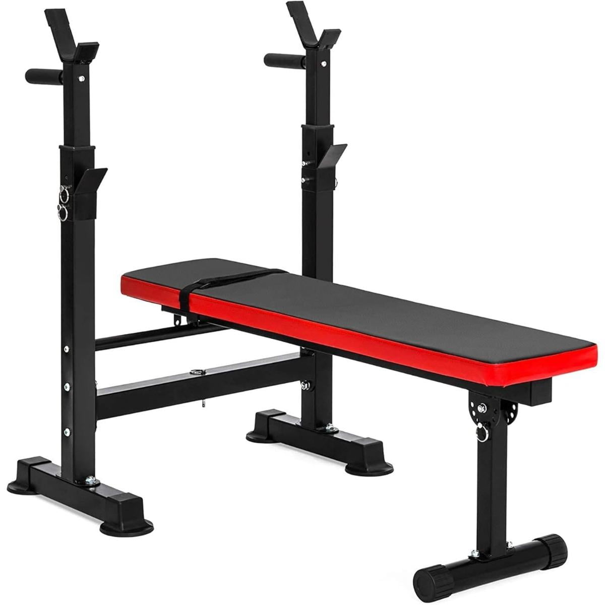 Adjustable Black and Red Iron Multifunctional Workout Bench with Squat Rack