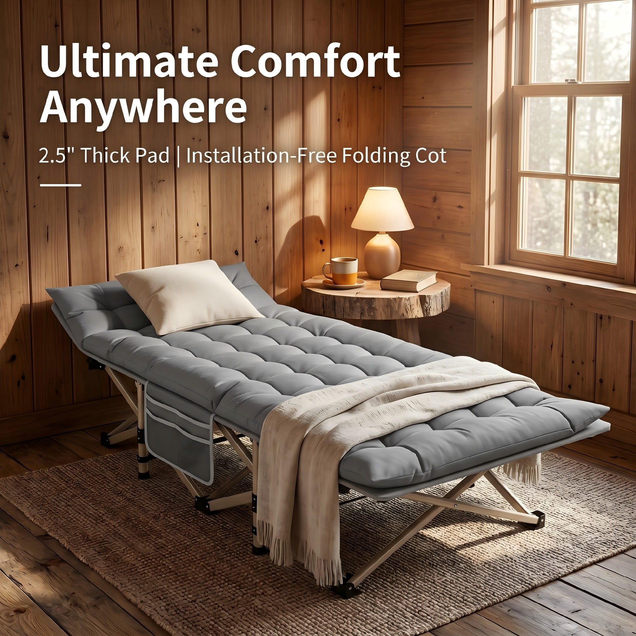 Adjustable Folding Recliner Cot Portable Outdoor Lounge Chair, Gray