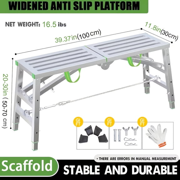 Adjustable Folding Scaffold Work Platform, 1200Lbs Capacity Steel Step Stool, 39-79"L×11.8"W×35-60"H, Portable Stable Scaffolding for Home Renovation, RV Cleaning, Painting & Car Washing