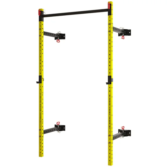 Adjustable Folding Squat Rack with Pull Up Bar,Wall Mounted Power Rack,1000 lbs Capacity,Durable Yellow Finish for Home Gym Use