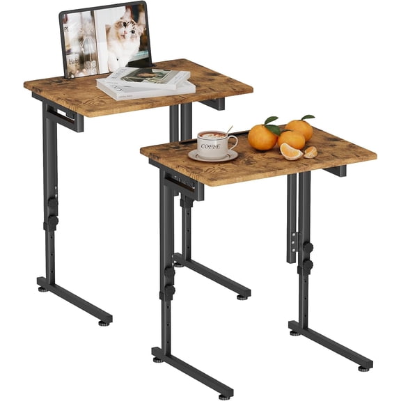 Adjustable Folding TV Tray Table,TV Dinner Small Foldable C-Shaped End Table for Eating,6 Height Adjustable Slide Under Couch Side with Sturdy MDF Top,No Assembly(Brown,2Pcs)