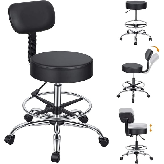 Adjustable Foot Rest Rolling Stool with Backrest, Height Adjustable Drafting Stool for Office, Spa, Studio, Lab, Counter, Salon, Home, Bar, Kitchen, or Shop  Black
