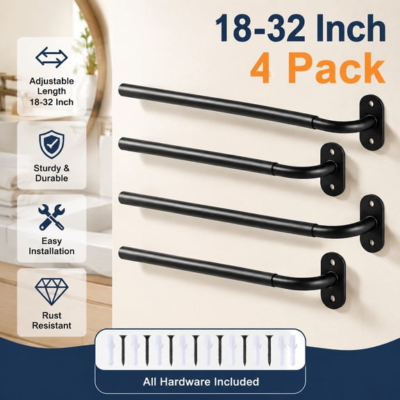 Adjustable French Door Curtain Rod 18"-32", 3/8" Diameter Black Cafe Curtain Rods for Window and Door, 4 Pack
